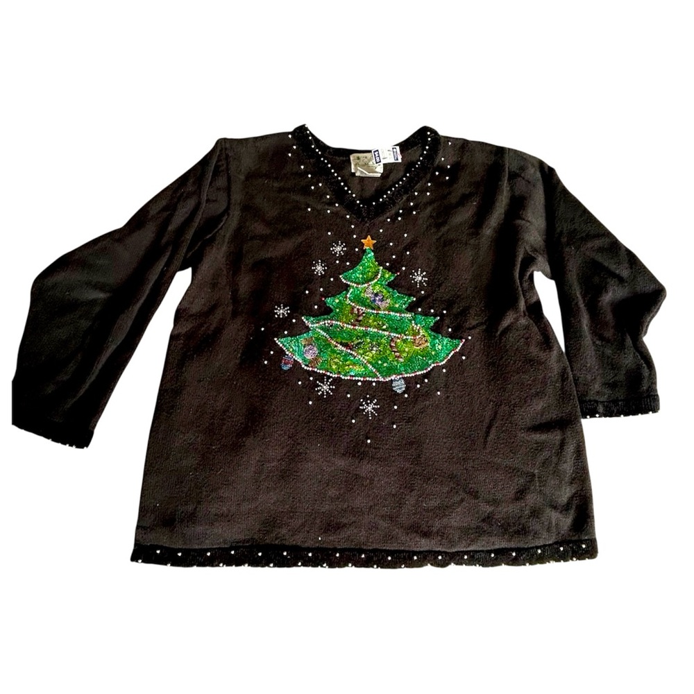 Quacker Factory Christmas Tree Holiday Sweater 1X Sequins Beaded
